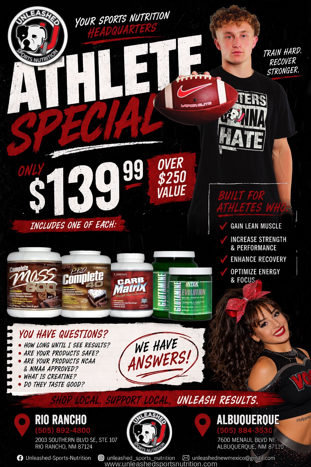 Unleashed Athlete Special — $139.99, one each of Complete Mass 600, Pro Complete 40, Carb Matrix and Intek Glutamine Evolution