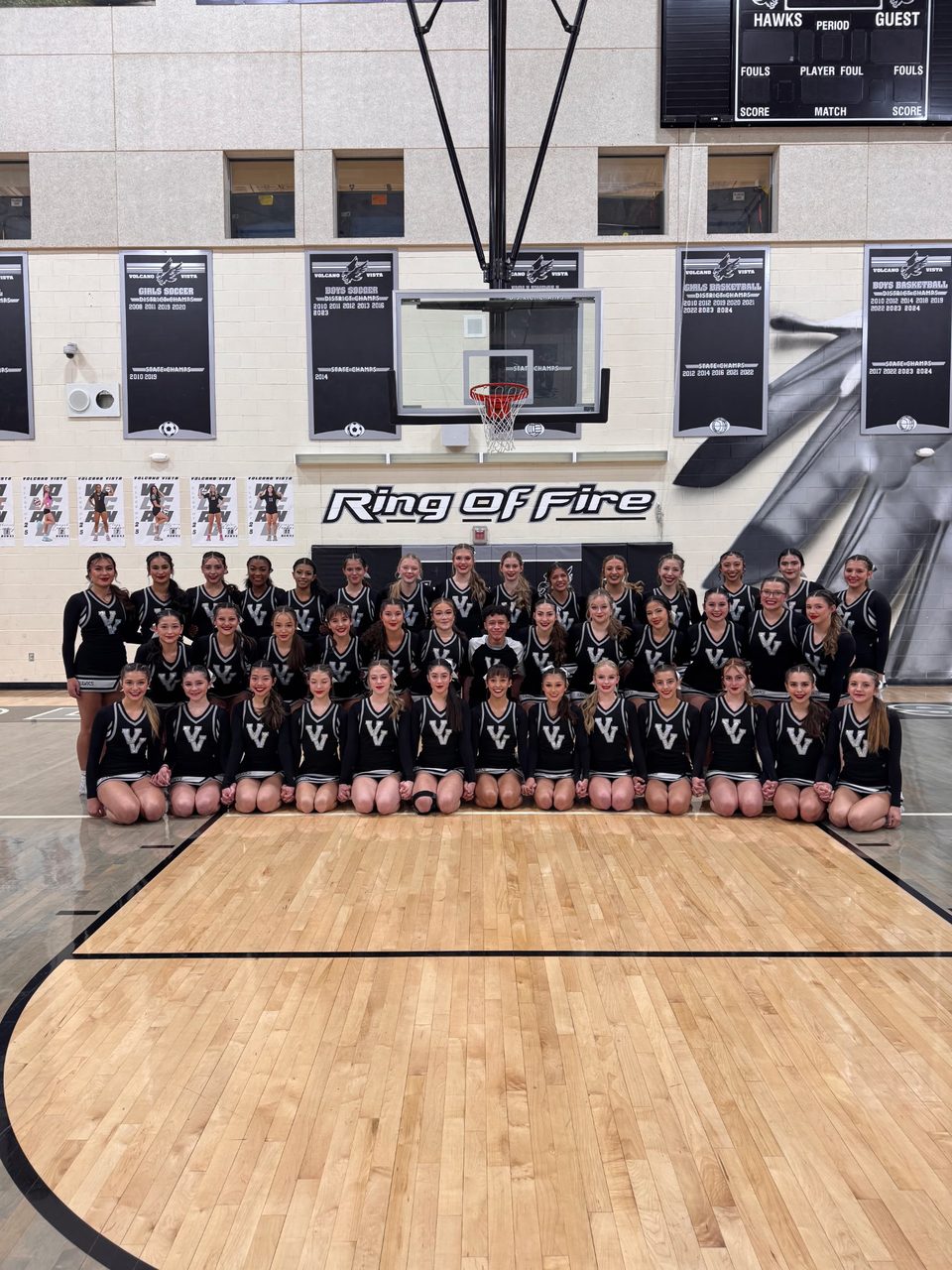 The full Volcano Vista cheer squad in their home gym